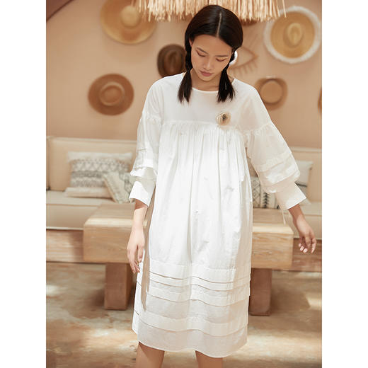 famecoco范可儿直筒娃娃裙新款气质七分袖褶皱纯棉连衣裙F203FA053 商品图2