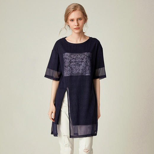 famecoco范可儿纯棉短袖T恤女夏季印花侧开叉中长款上衣F193BB014 商品图2