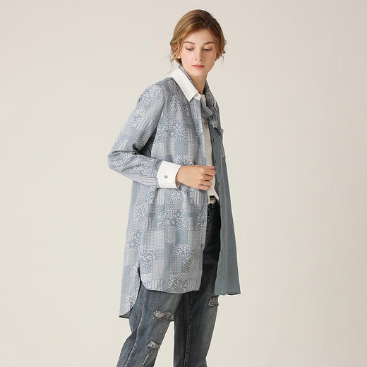 Famecoco范可儿衬衫女印花开衫中长款上衣F201BA024 商品图0