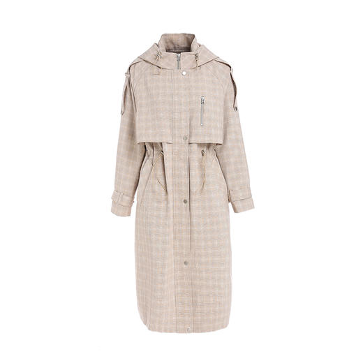 Famecoco范可儿风衣女格子连帽收腰假两件中长款F195AA006 商品图4