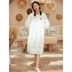 famecoco范可儿直筒娃娃裙新款气质七分袖褶皱纯棉连衣裙F203FA053