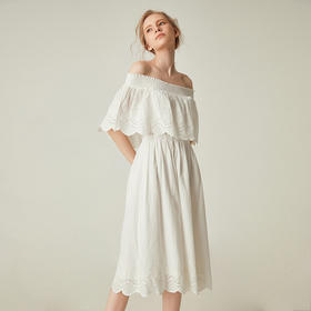 famecoco范可儿一字领连衣裙女夏纯棉气质女人味中长裙F193FA010