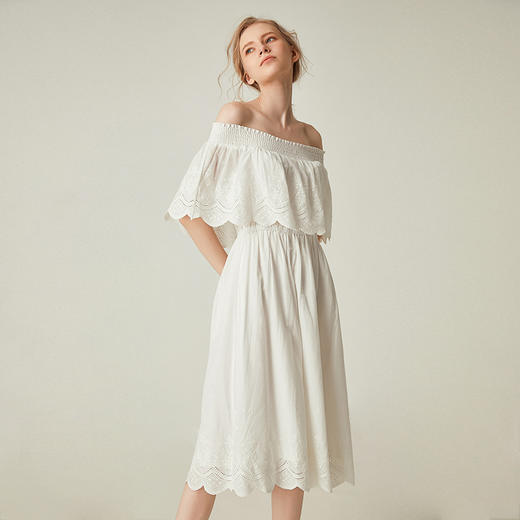 famecoco范可儿一字领连衣裙女夏纯棉气质女人味中长裙F193FA010 商品图0