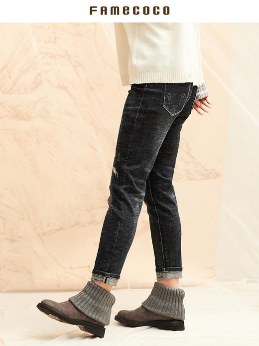 Famecoco范可儿九分牛仔裤女秋冬季深色设计感修身长裤F198GA027 商品图3