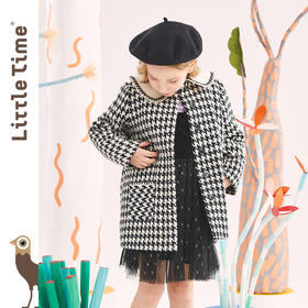 littletime童装千鸟格毛呢大衣 2022冬新款中长款黑白加厚外套