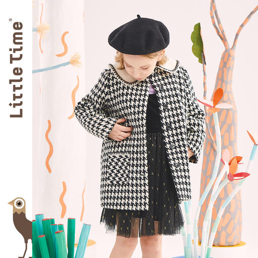 littletime童装千鸟格毛呢大衣 2022冬新款中长款黑白加厚外套 商品图0