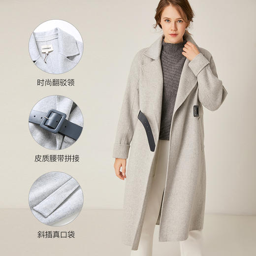 Famecoco范可儿收腰系带显瘦中长款外套文艺风毛呢外套F198AC020 商品图3