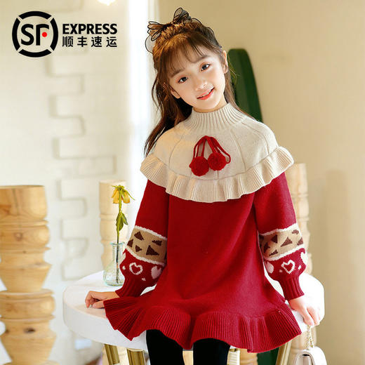 【女童连衣裙冬新款】宝宝拜年服2020毛衣女童裙子冬季服装新年红裙 商品图0