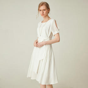 famecoco范可儿白色连衣裙女夏绑带收腰显瘦气质中长裙F193FA001