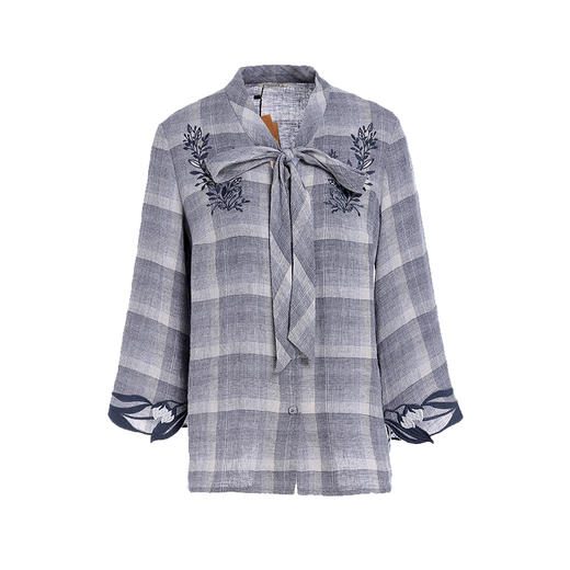 famecoco范可儿秋季长袖格子衬衫女刺绣系带上衣F195BD021 商品图4