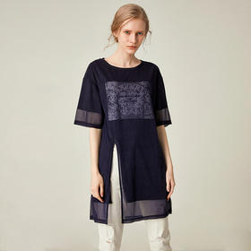 famecoco范可儿纯棉短袖T恤女夏季印花侧开叉中长款上衣F193BB014