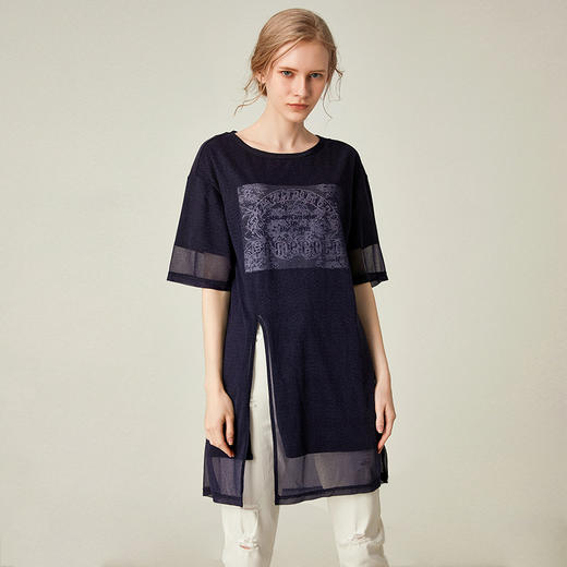 famecoco范可儿纯棉短袖T恤女夏季印花侧开叉中长款上衣F193BB014 商品图0