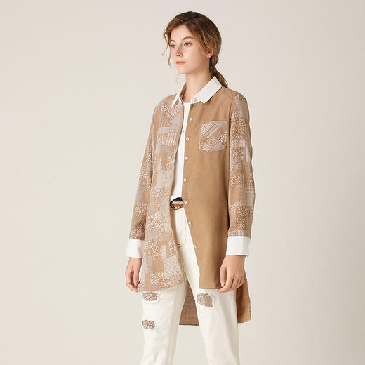 Famecoco范可儿衬衫女印花开衫中长款上衣F201BA024 商品图2