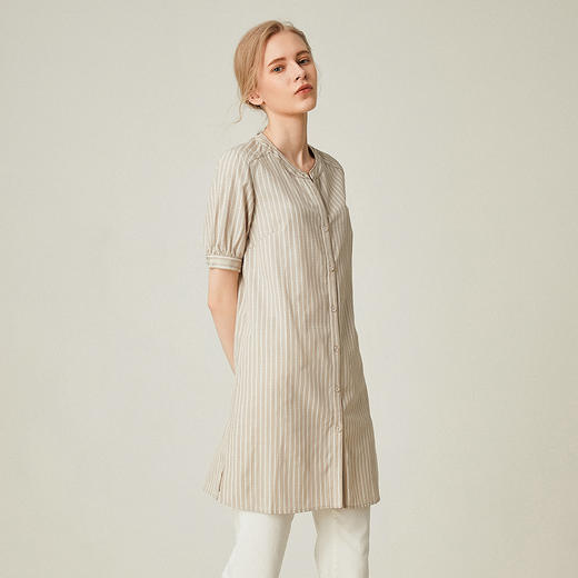 famecoco范可儿竖条纹衬衫女外穿夏灯笼袖宽松百搭上衣F183BA005 商品图0