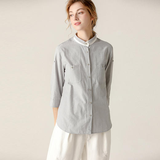 famecoco范可儿条纹衬衫女文艺半袖上衣女设计感小众 商品图2