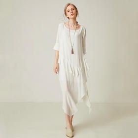 famecoco范可儿连衣裙2020新款夏五分袖显瘦不规则长裙F193FA042