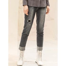 famecoco范可儿牛仔裤女春季破洞修身铅笔裤F195GA007