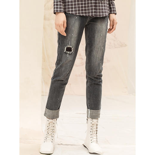 famecoco范可儿牛仔裤女春季破洞修身铅笔裤F195GA007 商品图0