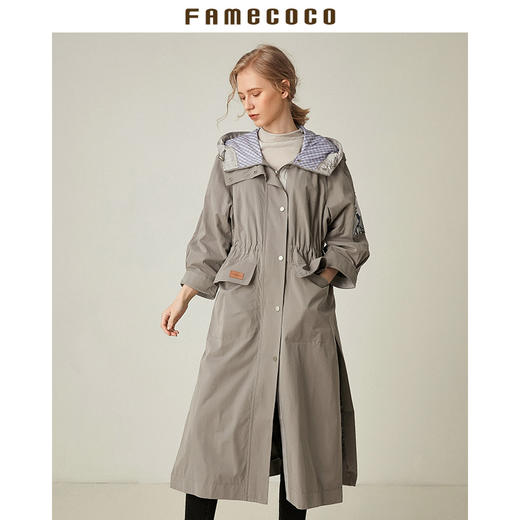 Famecoco范可儿工装风衣女连帽防风运动休闲中长款外套F185AA034 商品图1