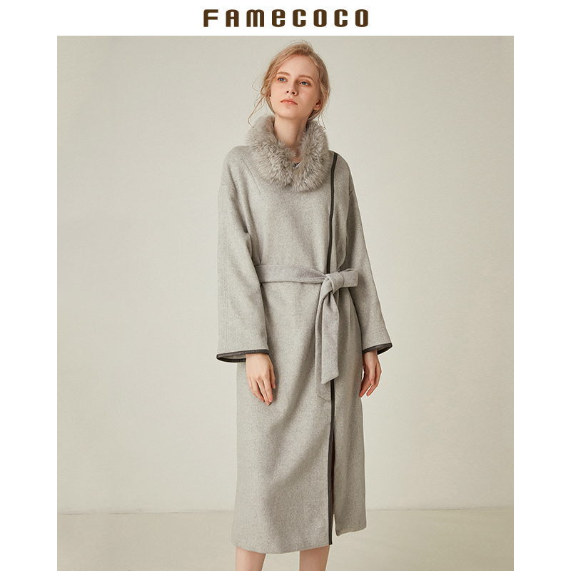Famecoco范可儿可拆卸毛领腰带中长款连衣裙F188FA004