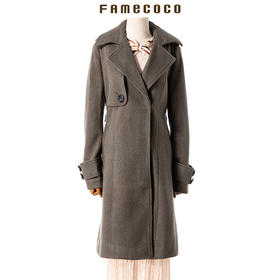 famecoco范可儿女秋冬季中长款毛呢腰带袖章气质外套F177AC039