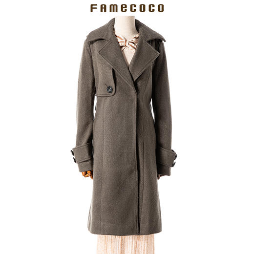 famecoco范可儿女秋冬季中长款毛呢腰带袖章气质外套F177AC039 商品图0