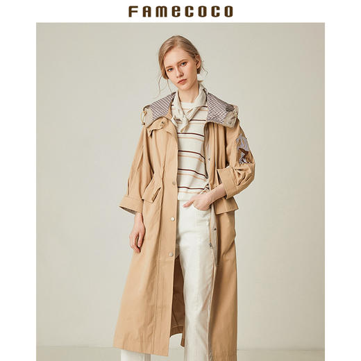 Famecoco范可儿工装风衣女连帽防风运动休闲中长款外套F185AA034 商品图3