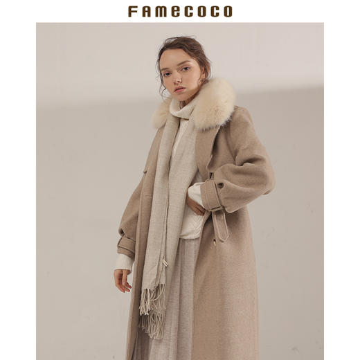Famecoco范可儿毛呢外套中长款时尚狐狸毛领大衣F188AC001 商品图1