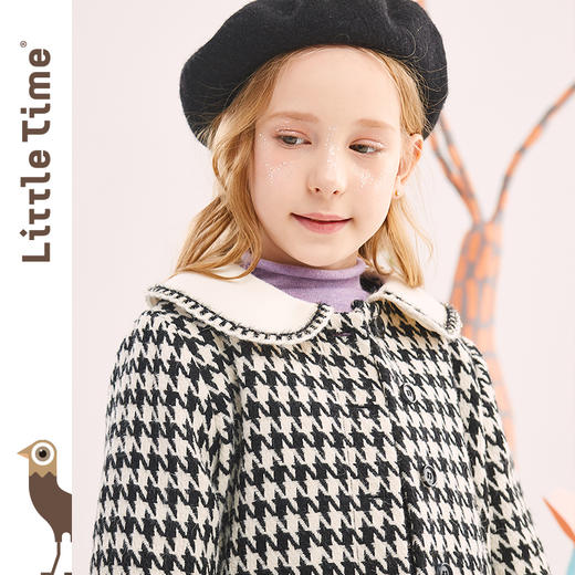 littletime童装千鸟格毛呢大衣 2022冬新款中长款黑白加厚外套 商品图2