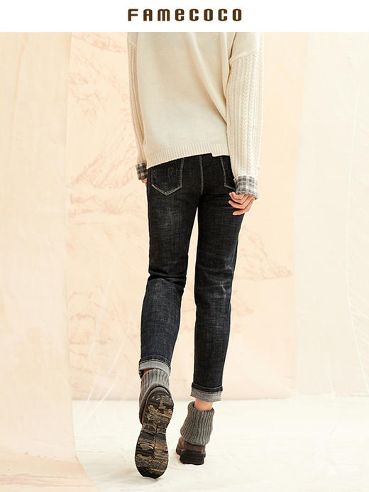 Famecoco范可儿九分牛仔裤女秋冬季深色设计感修身长裤F198GA027 商品图1
