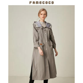 Famecoco范可儿工装风衣女连帽防风运动休闲中长款外套F185AA034