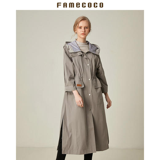 Famecoco范可儿工装风衣女连帽防风运动休闲中长款外套F185AA034 商品图0