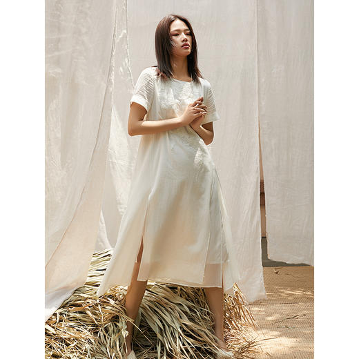 Famecoco范可儿连衣裙绣花圆领丝麻混纺连衣裙长裙F203FA050 商品图3