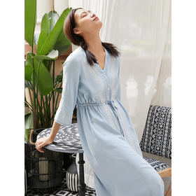 Famecoco范可儿仿真丝牛仔连衣裙显瘦复古风七分袖中长裙女F203FA052