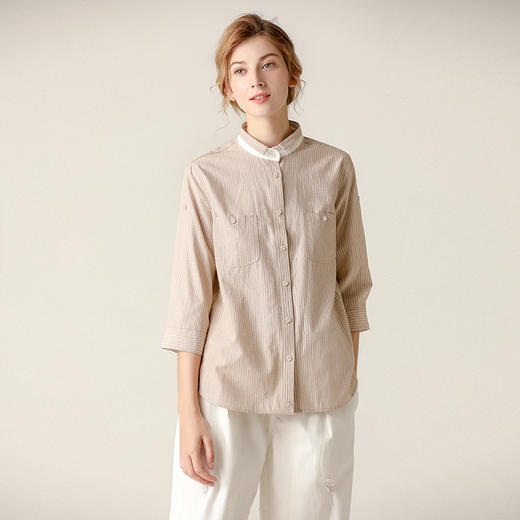 famecoco范可儿条纹衬衫女文艺半袖上衣女设计感小众 商品图0