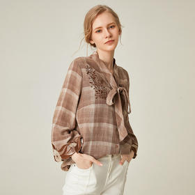 famecoco范可儿秋季长袖格子衬衫女刺绣系带上衣F195BD021