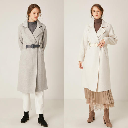 Famecoco范可儿收腰系带显瘦中长款外套文艺风毛呢外套F198AC020 商品图4