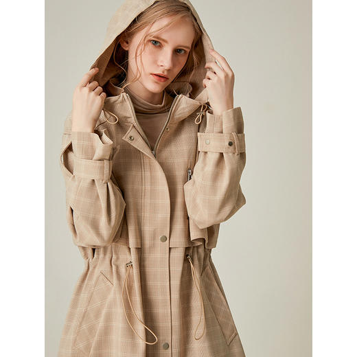 Famecoco范可儿风衣女格子连帽收腰假两件中长款F195AA006 商品图0