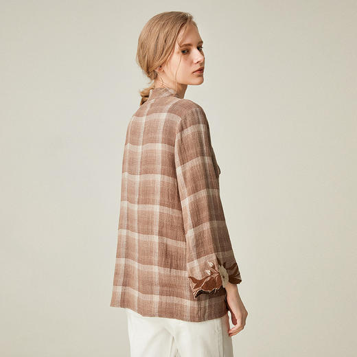 famecoco范可儿秋季长袖格子衬衫女刺绣系带上衣F195BD021 商品图1