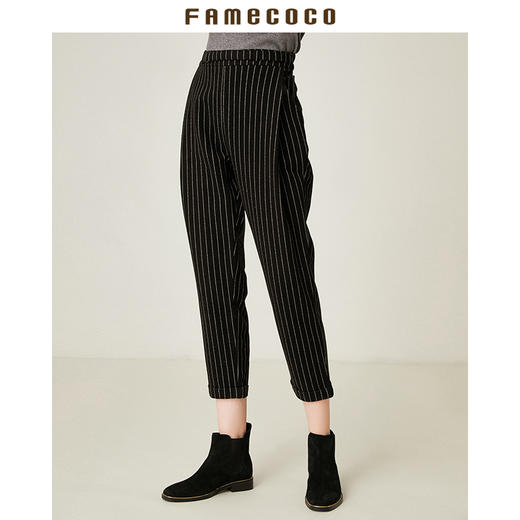 Famecoco范可儿条纹西裤小脚毛呢裤F188GA048 商品图2