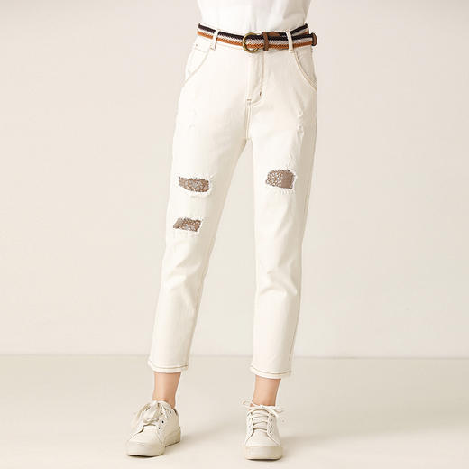 famecoco范可儿牛仔裤新款破洞休闲小脚裤F201GA008 商品图0