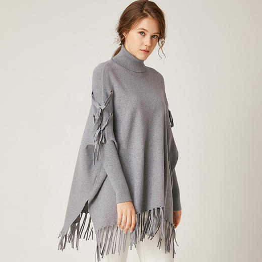 Famecoco范可儿秋季高领毛衣女宽松外穿流苏套头毛衫F195DB033 商品图3
