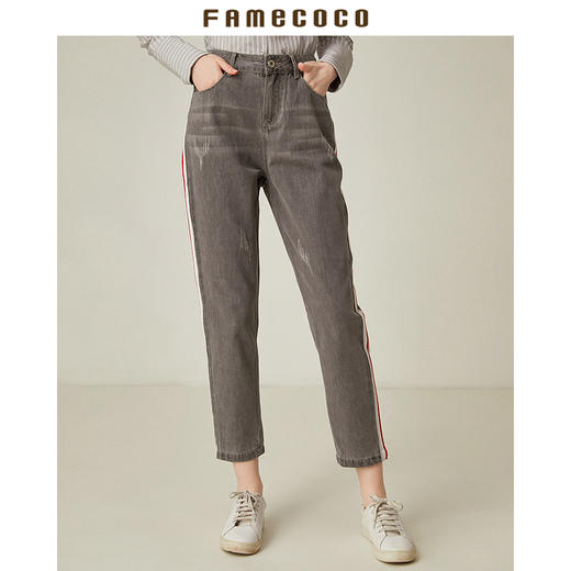 famecoco范可儿休闲牛仔裤直筒宽松灰色长裤F185GA132 商品图2