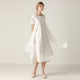 Famecoco范可儿连衣裙女夏刺绣钩花复古文艺短袖中长款F203FA005