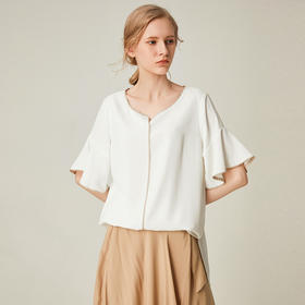 famecoco范可儿荷叶边短袖T恤女夏季不规则纯色上衣F193BE004