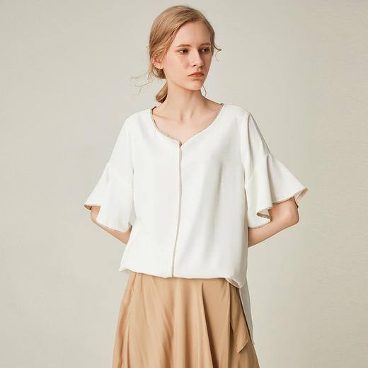 famecoco范可儿荷叶边短袖T恤女夏季不规则纯色上衣F193BE004 商品图0