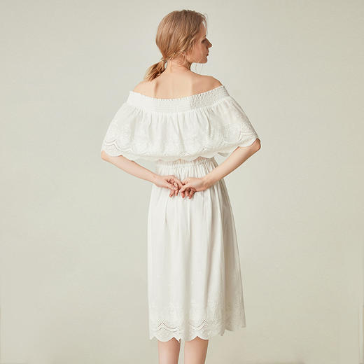 famecoco范可儿一字领连衣裙女夏纯棉气质女人味中长裙F193FA010 商品图1