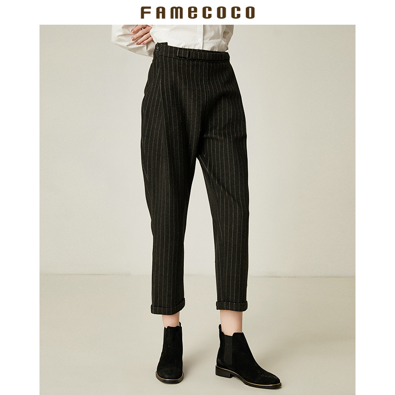 Famecoco范可儿条纹西裤小脚毛呢裤F188GA048