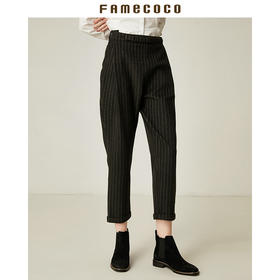 Famecoco范可儿条纹西裤小脚毛呢裤F188GA048