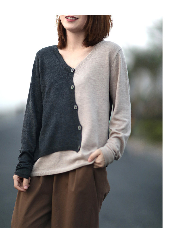 ahm-xyz6352 斜襟v领毛衣女2021春秋韩版时尚休闲设计感拼色长袖针织